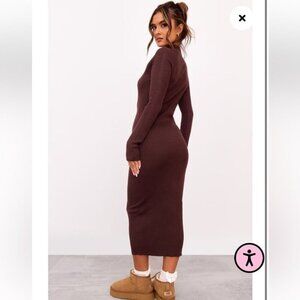 PrettyLittleThing Maxi Midi Long Sleeve Crewneck Burgundy Maroon Dress Size XL